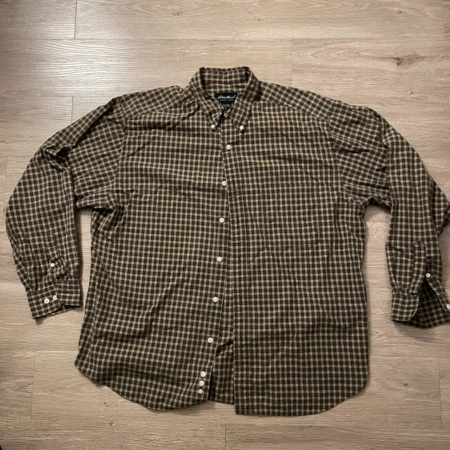 Eddie Bauer Mens Long Sleeve Dress Shirt Size L Brown Plaid Pattern