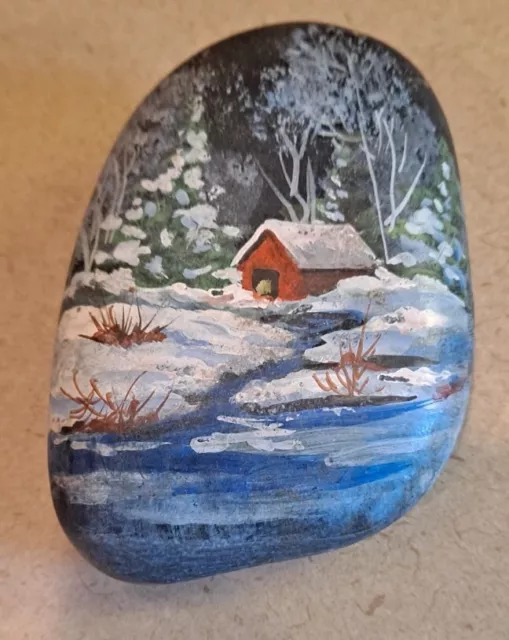 Hand Painted Rock Art- Winter Red Barn Signed By 🎨 Artist