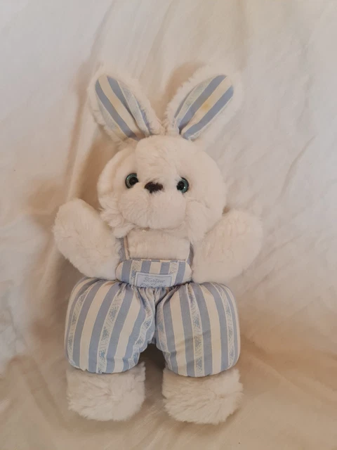 DOUDOU PELUCHE VINTAGE TARTINE ET CHOCOLAT - LAPIN - BLANC BLEU 40 CM Tbe
