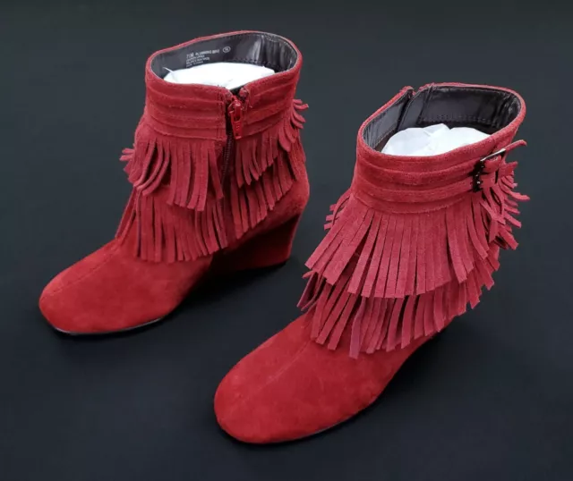 Aerosoles Plumming Bird Fringed Suede Leather Wedge Ankle Boots Red Size 7.5