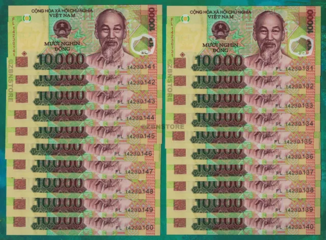 20 x 10,000 Vietnam Dong Banknotes Currency Uncirculated Bundle of 20 PCS + COA
