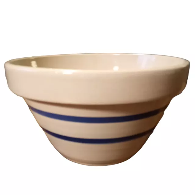 Vintage RRP Co. Roseville Ohio Beige Blue Striped Mixing Bowl Stoneware 9"wx5"t