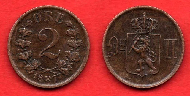 Norway : 2 Ore 1877 Very Nice Quality XF KM# 353