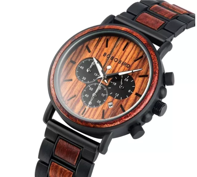 BOBO BIRD mens wooden watch with wooden presentation box- steel and wood strap