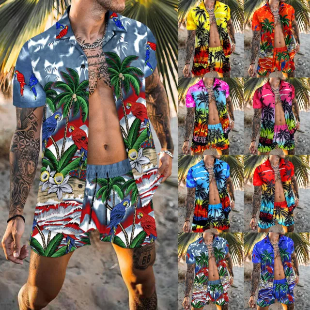 Mens Hawaiian Shirt Shorts Set Aloha Palm Tree Stag Holiday Beach Party Fancy 46