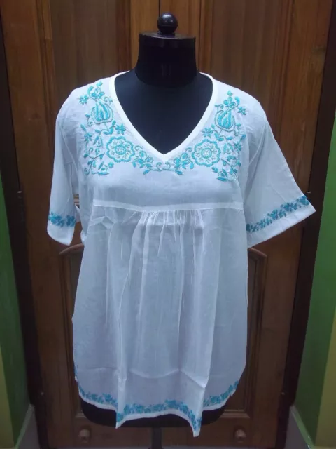 Blouse Xl 45 Kurti 100% Cotton Handmade Top Ethnic Chikan Embroidery Kurta Tunic