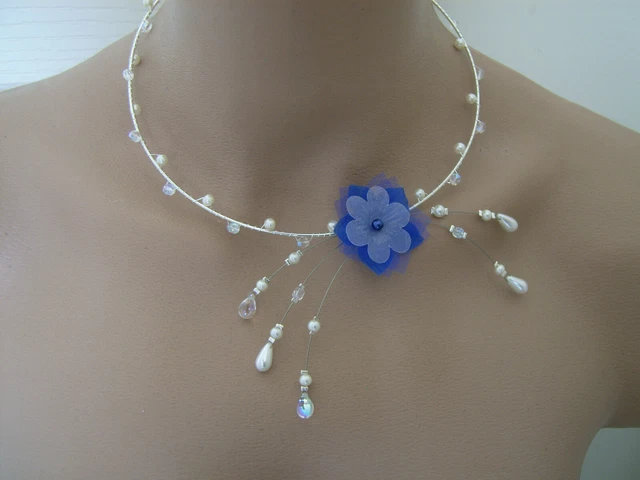 Collier Fantaisie Fleur Perles - Bleu Turquoise, Ivoire, Blanc, Cristal - Pour Mariage Ou Soirée