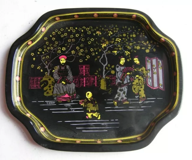 Bandeja de estaño pequeña de colección retro metal temática china 19 x 16 cms