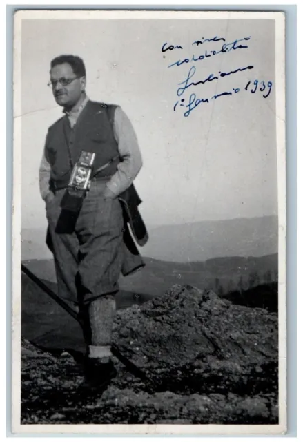 Germany RPPC Photo Postcard Man with Camera Mountain Climbing 1939 Vintage