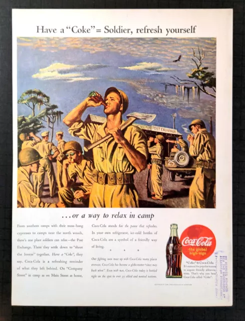 1944 Coca Cola The Global High-Sign WWII Print Ad Soldiers Post Exchange Relax 3