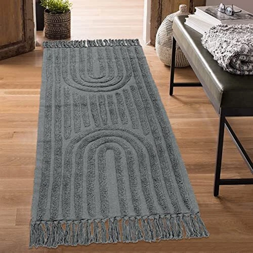 Boho Runner Rug 2x5, Washable Grey Rainbow Tufting Kitchen Runner with