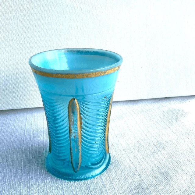 Vintage Aqua and Gold Glass Northwood Tumbler - Drapery, Opalescent, Carnival