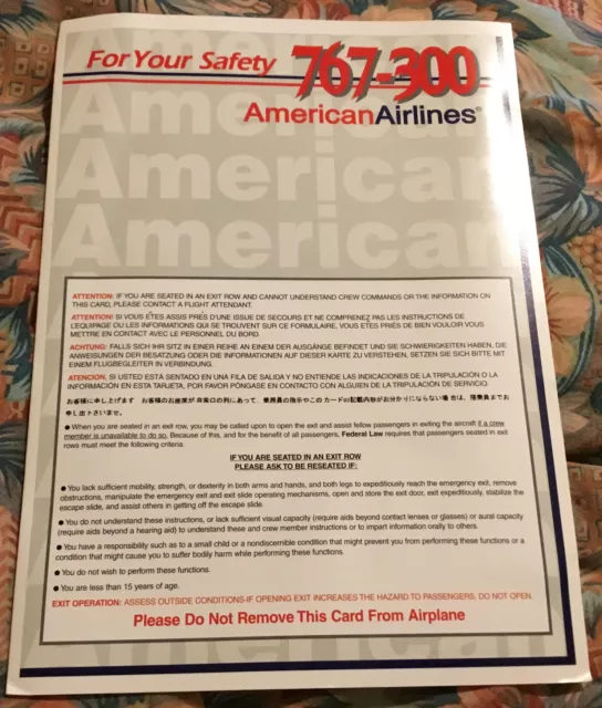 American Airlines Boeing 767-300 Safety Card 1999