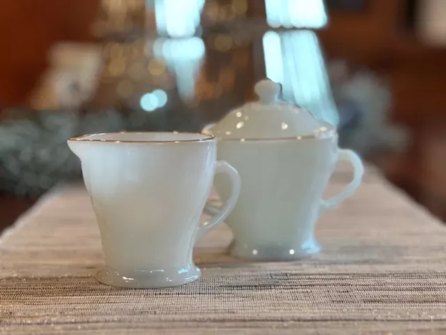 Anchor Hocking Fire King Milk Glass White Swirl Sugar Bowl & Creamer - Gold Rim