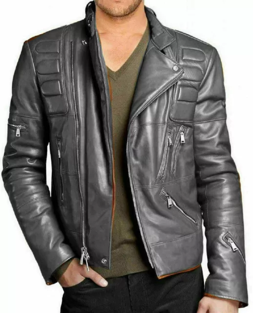 Men's Genuine Lambskin Leather Puffer Padded Outwear Biker Gray Quilted Jacket