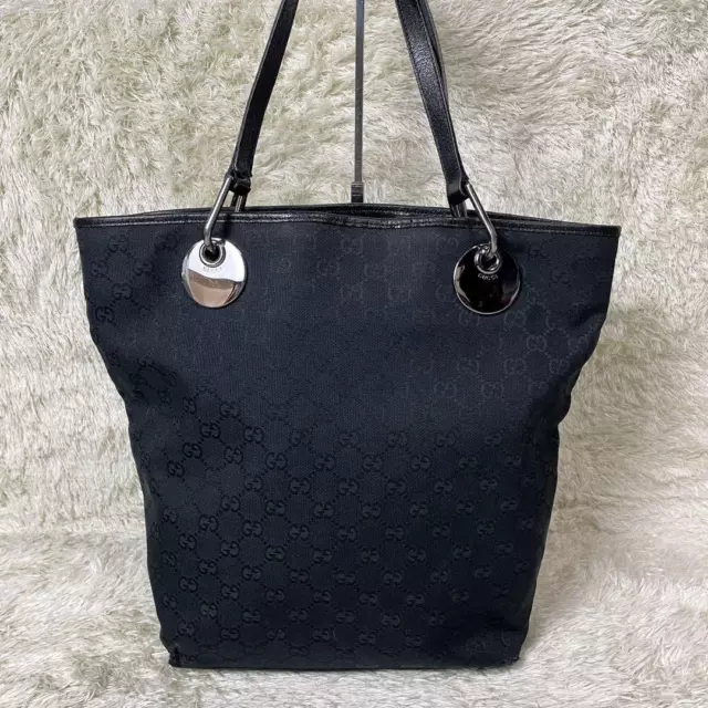 GUCCI Tote Bag Shoulder GG Supreme Canvas Leather Black Authentic MBa0390