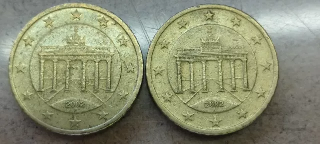 2 Monedas de 50 céntimos de Alemania año 2002. Rara