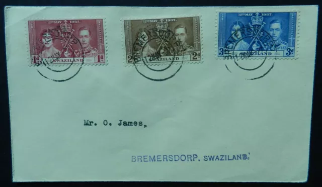 Swaziland cover 1937 Coronation set of 3 first day p/m SG 25-27 cat £42+