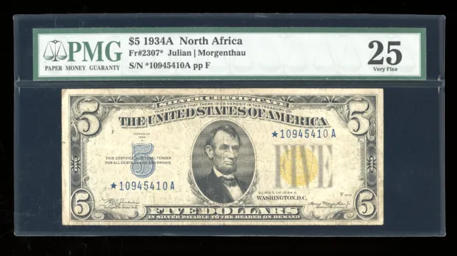 DBR 1934-A $5 Silver North Africa STAR Fr. 2307* PMG 25 Serial *10945410A