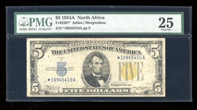 DBR 1934-A $5 Silver North Africa STAR Fr. 2307* PMG 25 Serial *10945410A
