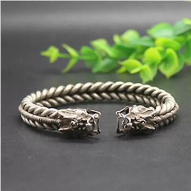 Collectable Old Chinese Tibet Silver handCarved Dragon head Bracelet 9023
