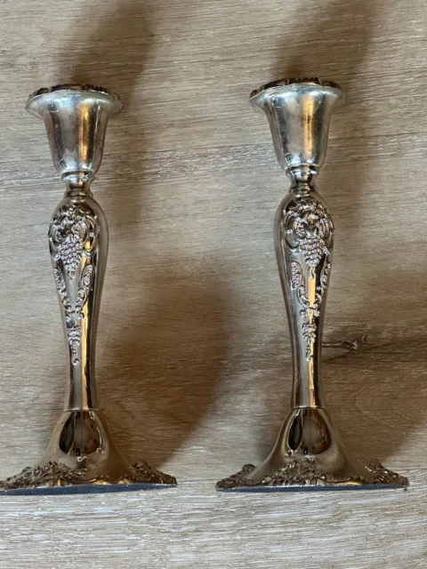 Vintage Pair (2) Godinger Candlesticks Baroque Silver Plate Ornate 8.25"