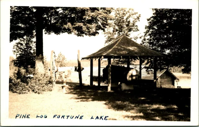 RPPC PIne Log and Structure Fortune Lake Be-Wa-Bic Park Michigan MI Postcard