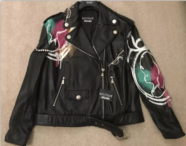100% authentic Boutique Moschino ladies black biker jacket diamanté & painting