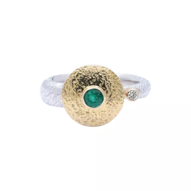 Emerald & Diamond 18k Yellow Gold & 925 Solid Sterling Silver Ring For Birthday