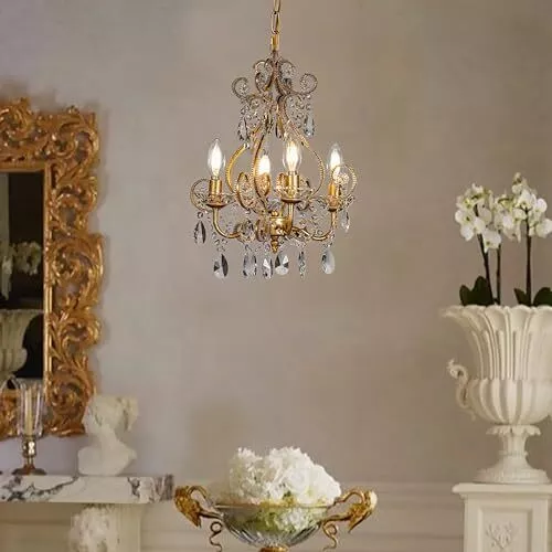 ALOADECOR 4-Light W14 in. French Country Chandelier Antique Gold Small Crysta...