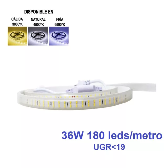 Pack Tira LED 220v 36W 15mm 4500K Luz Neutra 180leds/metro IP65 UGR+conector