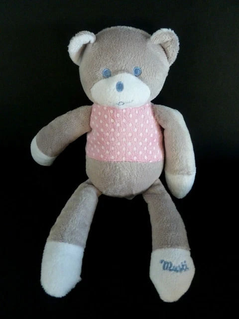 88/1. DOUDOU PELUCHE MUSTI MUSTELA OURS ROSE GRIS POIS BLANC HT 27cm EXC. ETAT
