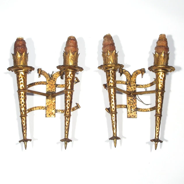 Pair of Vintage French Gothic Torch Sconces, “Chateau” Style Mid-Century Riviera