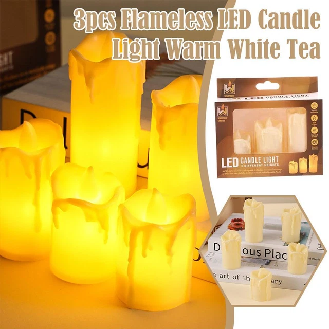 3 Pcs Battery Power LED Flameless Flickering Wax Candles | Pillar Home Decor.