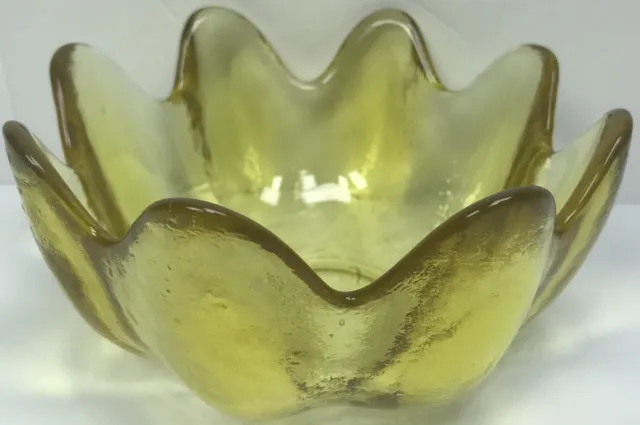 Amber Glass Lotus Flower Petal Bowl 5.5x3” Scalloped Edge Mid Century Modern EUC