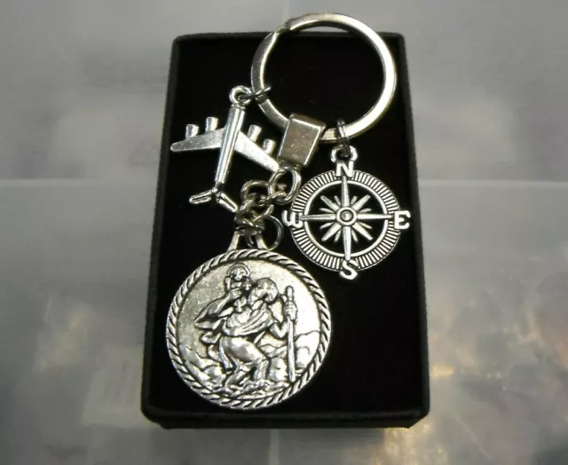 St Christopher with Airplane Compass Charms Keyring Gift Boxed