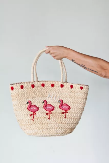 Summer Tote, Shoulder Straw flamingo embroidery Bag