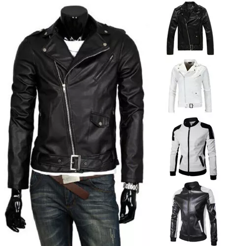 Uomo Punk pelle Sottile Giacca Motociclista Bomber Giacca Cappotto Rétro _ -