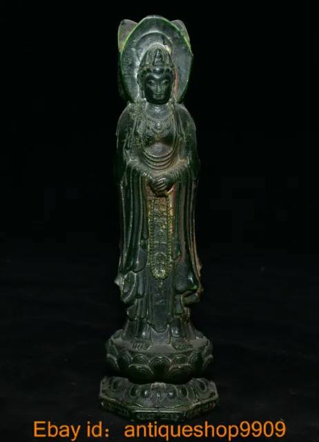 8 " Old Chinese Green Jade Carved 3 Side Kwan-Yin Guanyin Goddess Lotus Statue