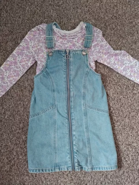 Girls George Outfit Flowery Top And Denim Pinafore Dress 5-6 Years