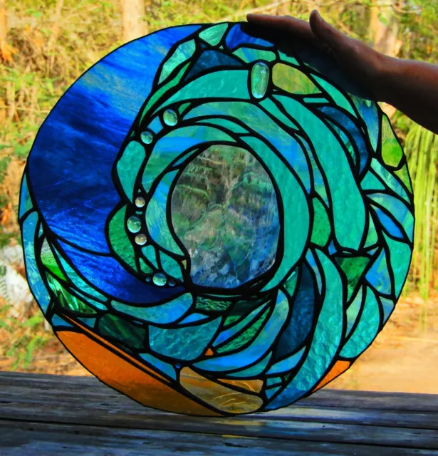 ' OCEAN WAVE ' ABSTRACT Stained Glass DISK WINDOW or DOOR Blue & Turquoise