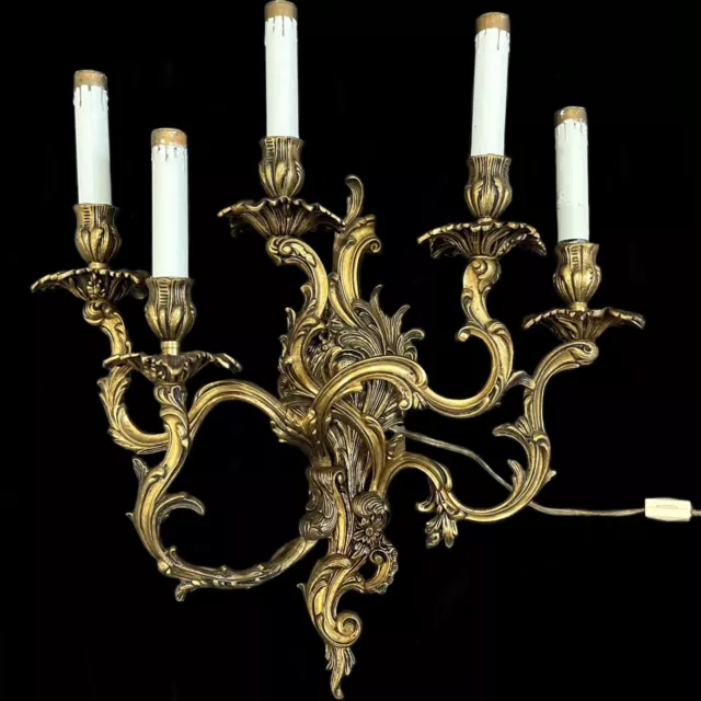 Vintage 1950s 5 Arms Sconce in Rococo Style Chateau Large Solid Brass Wall Light
