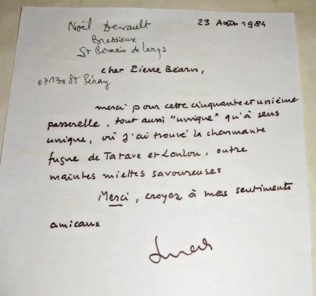 NOEL DEVAULX Autographe Signé 1984 ROMANCIER PAULHAN SEGHERS à PIERRE BEARN