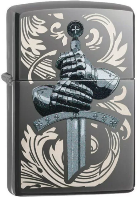 New Zippo Medieval Knights Gloves With Sword Black Ice Finish Lighter 49127