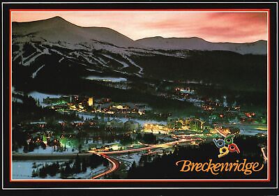 Postcard Buildings and Mountains By Night Breckenridge Colorado CO Flatiron Pub.