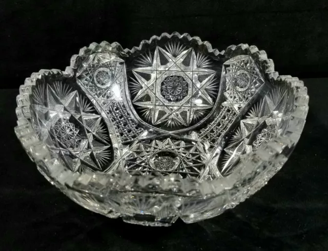 Antique ABP Cut Glass Bowl 8" Diameter Stars Caning Sawtooth Scalloped Rim GOOD