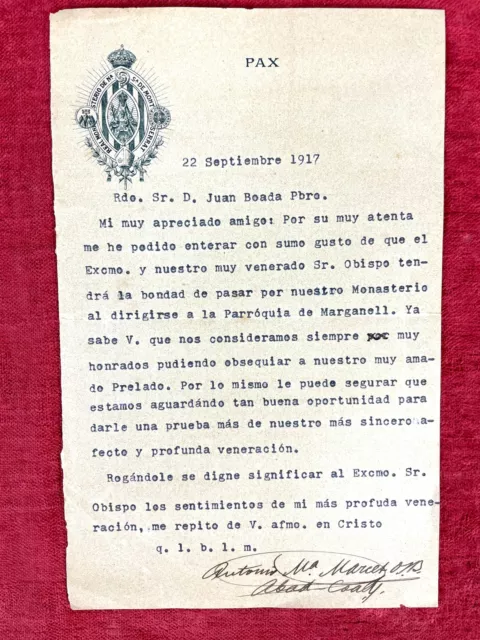 Lettre Tapée Par Antonio Maria Marcet Poal À Rdo. Jean Boada. Espagne. 1917