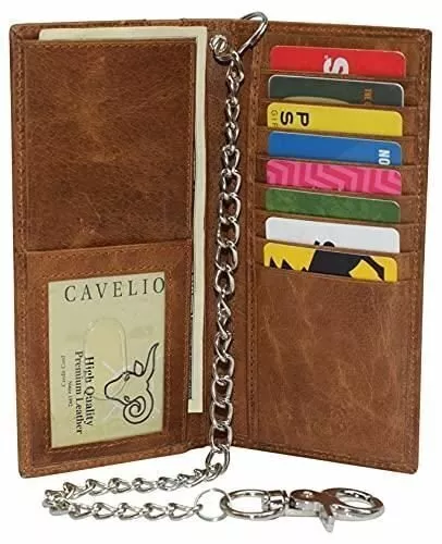 Genuine Leather Men's Chain Biker Wallet Long Bifold Checkbook RFID Blocking Wal