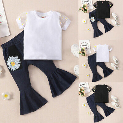 Toddler Baby Girls Short Sleeve Ruffle Lace Tops Denim Pants Outfits Clothes