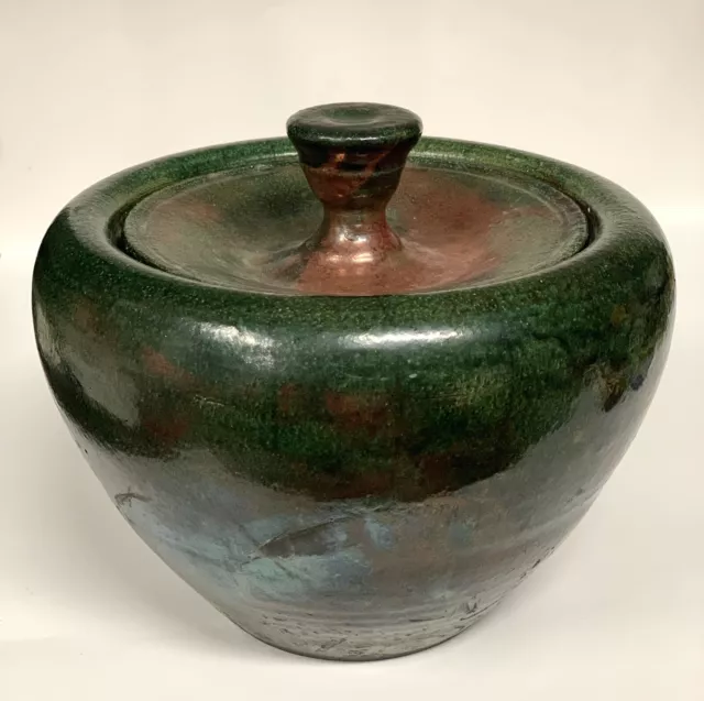 Large Raku Fired Pottery Iridescent Vase Bowl Urn With Lid Signed